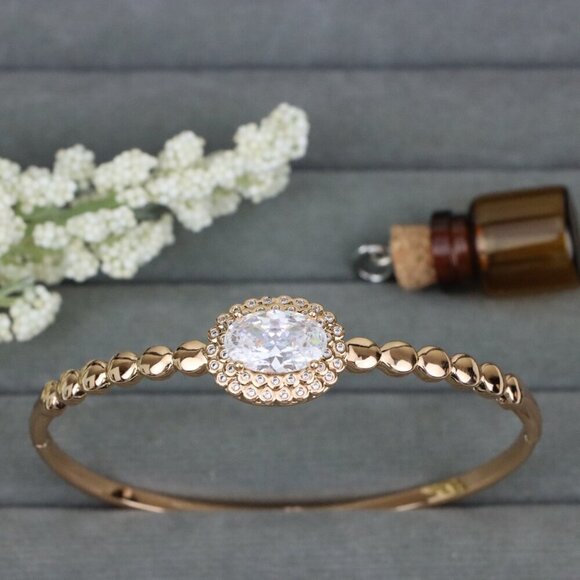 Rose Gold Bangle with Oval Center Stone and Beaded Design, XPBL0453 - Picture 10 of 11